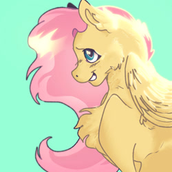 Size: 1280x1280 | Tagged: safe, artist:spiritsoda, derpibooru import, fluttershy, pegasus, pony, cheek fluff, chest fluff, female, green background, grin, mare, profile, simple background, smiling, solo