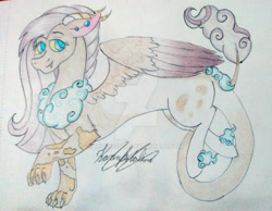 Size: 1920x1488 | Tagged: safe, artist:monse2001, derpibooru import, oc, oc only, draconequus, hybrid, deviantart watermark, draconequus oc, female, interspecies offspring, obtrusive watermark, offspring, parent:discord, parent:fluttershy, parents:discoshy, signature, solo, traditional art, watermark