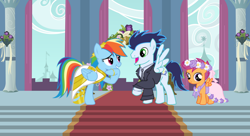 Size: 1280x698 | Tagged: safe, artist:themexicanpunisher, derpibooru import, rainbow dash, scootaloo, soarin', pegasus, pony, clothes, dress, female, filly, flower girl dress, foal, male, mare, marriage, shipping, soarindash, stallion, straight, suit, wedding, wedding dress