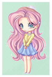 Size: 1024x1504 | Tagged: safe, artist:maneblue, derpibooru import, fluttershy, human, clothes, eyelashes, female, green background, hairclip, humanized, simple background, skirt, smiling, solo