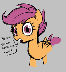 Size: 445x490 | Tagged: artist needed, source needed, safe, derpibooru import, scootaloo, pegasus, pony, aggie.io, blank flank, dialogue, exclamation point, eyebrows, female, filly, foal, looking at you, mare, open mouth, simple background, solo, speech bubble, talking, talking to viewer, teeth, text