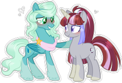 Size: 2248x1523 | Tagged: safe, artist:stormcloud-yt, derpibooru import, oc, oc only, oc:shooting star, pegasus, pony, unicorn, base used, blushing, clothes, duo, feathered fetlocks, female, horn, mare, offspring, parent:sky stinger, parent:vapor trail, parents:vaporsky, raised hoof, raised leg, scarf, simple background, transparent background, unicorn oc, wings