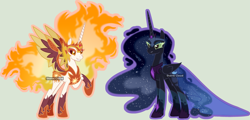 Size: 3967x1912 | Tagged: safe, artist:stormcloud-yt, derpibooru import, daybreaker, nightmare moon, alicorn, pony, base used, clothes, dress, duo, ethereal mane, female, hoof sucking, mane of fire, mare, peytral, raised hoof, raised leg, simple background, starry mane