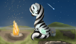 Size: 2340x1350 | Tagged: safe, derpibooru import, oc, pony, zebra, series:ponyashnost, bag, bonfire, cutie mark, female, fire, night, night sky, sky, stars