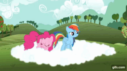 Size: 640x360 | Tagged: safe, derpibooru import, screencap, pinkie pie, rainbow dash, earth pony, pegasus, pony, season 3, too many pinkie pies, ^^, animated, cloud, cute, diapinkes, duo, eyes closed, female, gif, gifs.com, mare, open mouth, open smile, running, smiling