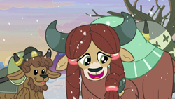 Size: 1280x720 | Tagged: safe, derpibooru import, screencap, yona, yak, the hearth's warming club, cloven hooves, cute, female, hair braid, happy, male, snow, snowfall, trio, yonadorable