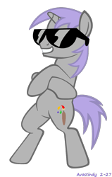 Size: 669x1055 | Tagged: safe, artist:avastindy, derpibooru import, oc, oc only, oc:spark, pony, unicorn, bipedal, crossed arms, crossed hooves, full body, grin, hooves, horn, male, show accurate, signature, simple background, smiling, solo, stallion, standing, sunglasses, tail, transparent background, unicorn oc