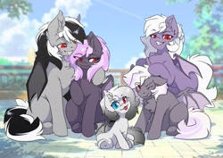 Size: 3507x2481 | Tagged: safe, artist:arctic-fox, derpibooru import, oc, oc only, oc:sak, oc:stormdancer, bat pony, pony, chest fluff, cloud, eyebrows, eyebrows visible through hair, heterochromia, hug, looking at you, one eye closed, sky, smiling