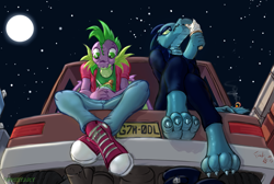 Size: 2225x1496 | Tagged: safe, artist:frist44, derpibooru import, spike, anthro, crocodile, digitigrade anthro, dragon, barefoot, beatrice santello, boots, car, cigarette, claws, clothes, eyeshadow, feet, female, food, from below, ice cream, jeans, licking, makeup, male, night in the woods, not ember, older, older spike, pants, paws, pensive, shipping, shoes, shoes removed, sitting on car, smoking, sneakers, soles, spoon, stars, straight, tail pipe, thinking, toes, tongue, tongue out, underfoot, underpaw