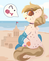 Size: 1600x2000 | Tagged: safe, artist:rhythmpixel, derpibooru import, oc, oc only, oc:sand dollar, earth pony, beach, female, freckles, lineless, looking at you, looking back, looking back at you, mare, sandcastle, solo