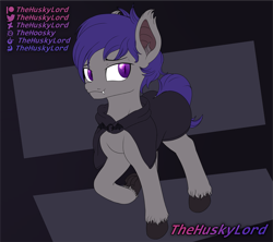 Size: 1573x1397 | Tagged: safe, artist:thehuskylord, derpibooru import, oc, oc:night veil, bat pony, bat ears, cloak, clothes, simple background, smiling, unshorn fetlocks