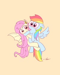 Size: 1643x2048 | Tagged: safe, artist:leo19969525, derpibooru import, fluttershy, rainbow dash, bat pony, pegasus, pony, bat ponified, beige background, biting, blushing, duo, fangs, female, flutterbat, flutterdash, hoof biting, lesbian, race swap, shipping, simple background, species swap