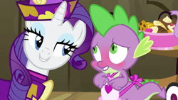 Size: 1152x648 | Tagged: safe, derpibooru import, screencap, spike, dragon, pony, unicorn, dragon quest, season 2, apron, bedroom eyes, blushing, clothes, dessert, duo, female, male, mare, meme, meme origin, rarity's bad pickup lines, shy, smiling