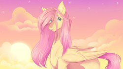 Size: 1280x720 | Tagged: safe, artist:coffeequake, artist:snailswails, derpibooru import, fluttershy, pegasus, pony, aside glance, braid, chest fluff, cloud, ear fluff, ears, female, folded wings, looking at you, mare, outdoors, sky, sky background, solo, stray strand, three quarter view, wings