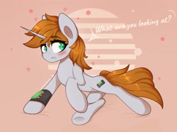 Size: 3500x2609 | Tagged: safe, artist:stravy_vox, derpibooru import, oc, oc:littlepip, pony, unicorn, fallout equestria, embarrassed, female, mare, pipbuck, solo, underhoof