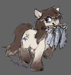 Size: 607x647 | Tagged: safe, artist:purple-blep, oc, oc only, oc:frosty flakes, fish, pony, blaze (coat marking), coat markings, female, fluffy, gray background, image, imported from twibooru, mare, mouth hold, png, simple background, snowpony (species), socks (coat marking), solo, taiga pony, unshorn fetlocks