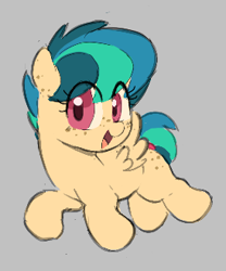 Size: 274x329 | Tagged: safe, artist:parfait, oc, oc only, oc:apogee, pegasus, pony, aggie.io, female, filly, foal, freckles, gray background, happy, looking at you, lowres, open mouth, open smile, simple background, smiling, smiling at you, solo, spread wings, walking, wings