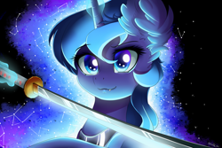 Size: 1280x854 | Tagged: safe, artist:natanvok, derpibooru import, princess luna, alicorn, pony, constellation, cute, cute little fangs, ear fluff, ears, ethereal mane, fangs, female, galaxy mane, katana, levitation, magic, mare, solo, sword, telekinesis, weapon