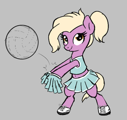 Size: 452x424 | Tagged: safe, artist:wenni, grace manewitz, earth pony, pony, aggie.io, bipedal, cheerleader outfit, clothes, female, gray background, looking at you, mare, midriff, shoes, simple background, skirt, smiling, smiling at you, sports, volleyball