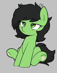 Size: 399x508 | Tagged: safe, artist:shinodage, derpibooru import, ponerpics import, oc, oc only, oc:anon filly, earth pony, pony, aggie.io, blushing, female, filly, foal, gray background, heart, heart hoof, lidded eyes, simple background, sitting, solo, underhoof
