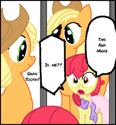 Size: 491x526 | Tagged: safe, anonymous artist, derpibooru import, apple bloom, applejack, earth pony, pony, clothes, dress, female, filly, foal, mare, mirror, ponified, speech bubble, yotsuba