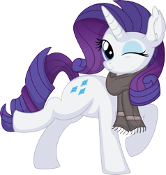 Size: 6689x7028 | Tagged: safe, artist:cyanlightning, derpibooru import, rarity, pony, unicorn, .svg available, absurd resolution, clothes, ear fluff, ears, female, mare, one eye closed, scarf, simple background, sitting, smiling, solo, transparent background, vector, wink