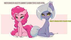 Size: 1500x838 | Tagged: safe, artist:inky_mitts, derpibooru import, limestone pie, pinkie pie, earth pony, pony, blushing, cute, diapinkes, duo, female, grin, limetsun pie, mare, missing cutie mark, pouty lips, siblings, sisters, sitting, smiling, tsundere