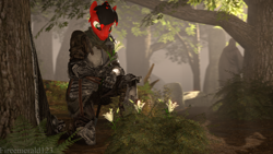 Size: 3840x2160 | Tagged: safe, artist:fireemerald123, derpibooru import, oc, oc only, oc:page feather, anthro, 3d, armor, flower, fog, forest, lily (flower), ruins, shield, source filmmaker, statue, sword, watermark, weapon