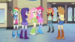 Size: 3410x1920 | Tagged: safe, derpibooru import, screencap, applejack, fluttershy, pinkie pie, rainbow dash, rarity, sunset shimmer, equestria girls, friendship games, applejack's hat, belt, boots, clothes, cowboy boots, cowboy hat, crossed arms, cutie mark on clothes, denim skirt, female, hairpin, hat, high heel boots, high res, humane five, jacket, leather, leather jacket, shoes, skirt, smiling