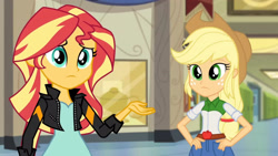 Size: 3410x1920 | Tagged: safe, derpibooru import, screencap, applejack, sunset shimmer, equestria girls, friendship games, applejack's hat, belt, clothes, cowboy hat, denim skirt, duo, duo female, female, hallway, hand on hip, hat, high res, jacket, leather, leather jacket, skirt