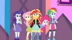 Size: 3410x1920 | Tagged: safe, derpibooru import, screencap, fluttershy, pinkie pie, rainbow dash, rarity, sunset shimmer, equestria girls, friendship games, boots, bracelet, canterlot high, clothes, cutie mark on clothes, female, hairpin, high res, jewelry, open mouth, shoes, tanktop