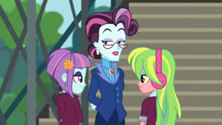 Size: 3410x1920 | Tagged: safe, derpibooru import, screencap, lemon zest, principal abacus cinch, sunny flare, equestria girls, friendship games, female, glasses, high res, looking at each other, looking at someone, smiling, smiling at each other, trio