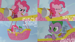 Size: 1280x720 | Tagged: safe, derpibooru import, edit, edited screencap, editor:quoterific, screencap, pinkie pie, spike, dragon, earth pony, pony, fall weather friends, season 1, cloud, duo, eyes closed, female, hot air balloon, male, mare, megaphone, microphone, open mouth, open smile, sky, smiling, text, twinkling balloon