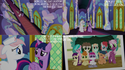 Size: 1280x720 | Tagged: safe, derpibooru import, edit, edited screencap, editor:quoterific, screencap, boysenberry, cheerilee, gallop j. fry, little red, nurse redheart, spike, twilight sparkle, twilight sparkle (alicorn), alicorn, dragon, earth pony, pegasus, pony, unicorn, a flurry of emotions, season 7, chalkboard, colt, ears, eyes closed, female, filly, floppy ears, foal, grin, male, mare, open mouth, open smile, smiling, text, twilight's castle