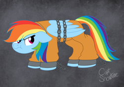 Size: 2545x1785 | Tagged: safe, artist:captshowtime, derpibooru import, rainbow dash, pegasus, pony, chains, clothes, commission, cuffs, female, handcuffed, jail, jailbird, jumpsuit, mare, prison outfit, prisoner, prisoner rd, simple background