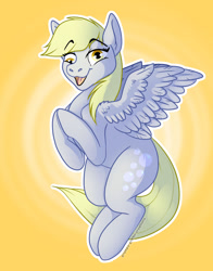 Size: 1280x1629 | Tagged: safe, artist:grumpygriffcreation, derpibooru import, derpy hooves, pegasus, pony, abstract background, ear fluff, ears, eyebrows, eyebrows visible through hair, female, full body, hooves, mare, open mouth, outline, shading, signature, solo, spread wings, tail, white outline, wings