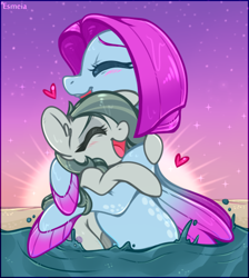 Size: 428x478 | Tagged: safe, artist:esmeia, derpibooru import, marble pie, earth pony, pony, seapony (g4), beach, blushing, cute, eyelashes, eyes closed, female, fins, gray mane, heart, hug, lesbian, marblina, mare, ocean, open mouth, open smile, pink mane, salina blue, sand, shipping, sky, smiling, sun, sunlight, teeth, water, wings