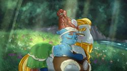 Size: 1280x717 | Tagged: safe, artist:miyalaflordorada, derpibooru import, meadowbrook, rockhoof, blushing, carrying, clothes, commission, crepuscular rays, dress, female, forest, male, river, rockbrook, shipping, sleeping, snuggling, straight, sunlight, water