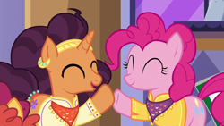 Size: 1280x720 | Tagged: safe, derpibooru import, screencap, pinkie pie, saffron masala, earth pony, pony, unicorn, spice up your life, ^^, clothes, cute, diapinkes, duo, duo female, eyes closed, female, happy, high five, hoofbump, kurta, mare, neckerchief, open mouth, saffronbetes, smiling