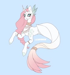 Size: 1393x1500 | Tagged: safe, artist:leykanon, derpibooru import, oc, oc only, merpony, seapony (g4), unicorn, blue background, blue eyes, female, fish tail, flowing mane, flowing tail, jewelry, mare, necklace, pink mane, seaponified, signature, simple background, smiling, solo, species swap, tail