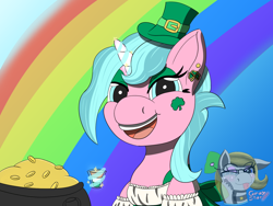 Size: 1600x1200 | Tagged: safe, artist:gray star, derpibooru exclusive, derpibooru import, oc, oc only, oc:candy chip, unicorn, bar maid, bow, female, hat, holiday, mare, pot of gold, saint patrick's day