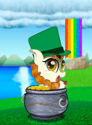 Size: 1280x1734 | Tagged: safe, artist:spellboundcanvas, derpibooru import, autumn blaze, kirin, cloud, coin, cute, hat, leprechaun, pipe, pot of gold, rainbow, solo