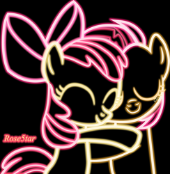 Size: 3000x3072 | Tagged: safe, artist:rose5tar, derpibooru import, apple bloom, babs seed, earth pony, pony, cousins, female, filly, foal, hug, neon