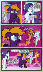 Size: 1920x3169 | Tagged: safe, artist:alexdti, derpibooru import, rarity, oc, oc:aqua lux, oc:purple creativity, oc:warm focus, pegasus, pony, unicorn, comic:quest for friendship, ^^, bag, bandage, comic, dialogue, ears, eyes closed, female, fission mailed, floppy ears, flying, folded wings, glasses, glowing, glowing horn, grin, high res, hoof hold, hoof over mouth, hooves, horn, looking at someone, magic, mare, meme, nose wrinkle, open mouth, open smile, pegasus oc, ponytail, puffy cheeks, raised hoof, raised leg, saddle bag, shoulder angel, shoulder devil, shrunken pupils, smiling, speech bubble, spread wings, tail, telekinesis, wings