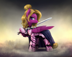 Size: 3300x2630 | Tagged: safe, artist:magfen, derpibooru import, oc, oc only, pegasus, pony, fanfic:rekindled embers, armor, female, hair bun, mare, pegasus oc, solo, sword, weapon