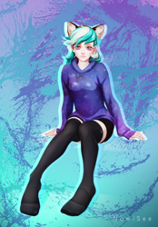 Size: 2082x3000 | Tagged: safe, artist:inowiseei, derpibooru import, oc, oc:summer ray, human, animal ears, clothes, hoodie, humanized, socks, solo, stocking feet, stockings, thigh highs, zettai ryouiki