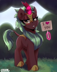 Size: 1900x2414 | Tagged: safe, artist:shadowreindeer, derpibooru import, cinder glow, summer flare, kirin, pony, blushing, heart, i love you, love, magic, sign, solo, telekinesis, text