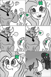 Size: 1631x2444 | Tagged: safe, artist:spookitty, derpibooru import, fluttershy, iron will, pony, ask iron will, clover, comic, four leaf clover, grayscale, holiday, monochrome, neo noir, partial color, saint patrick's day, sweat