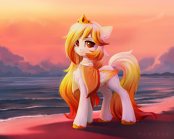 Size: 3000x2400 | Tagged: safe, artist:inowiseei, derpibooru import, oc, oc only, oc:auroraedith, pegasus, pony, beach, chest fluff, colored wings, commission, female, looking at you, mare, multicolored wings, ocean, solo, water, wings