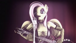 Size: 1920x1080 | Tagged: safe, artist:maideshy, derpibooru import, fluttershy, anthro, 3d, breasts, choker, electric guitar, fluttergoth, goth, guitar, heavy metal, hootershy, microphone, musical instrument, playing, singing, solo, source filmmaker, spiked choker, winged anthro, wings